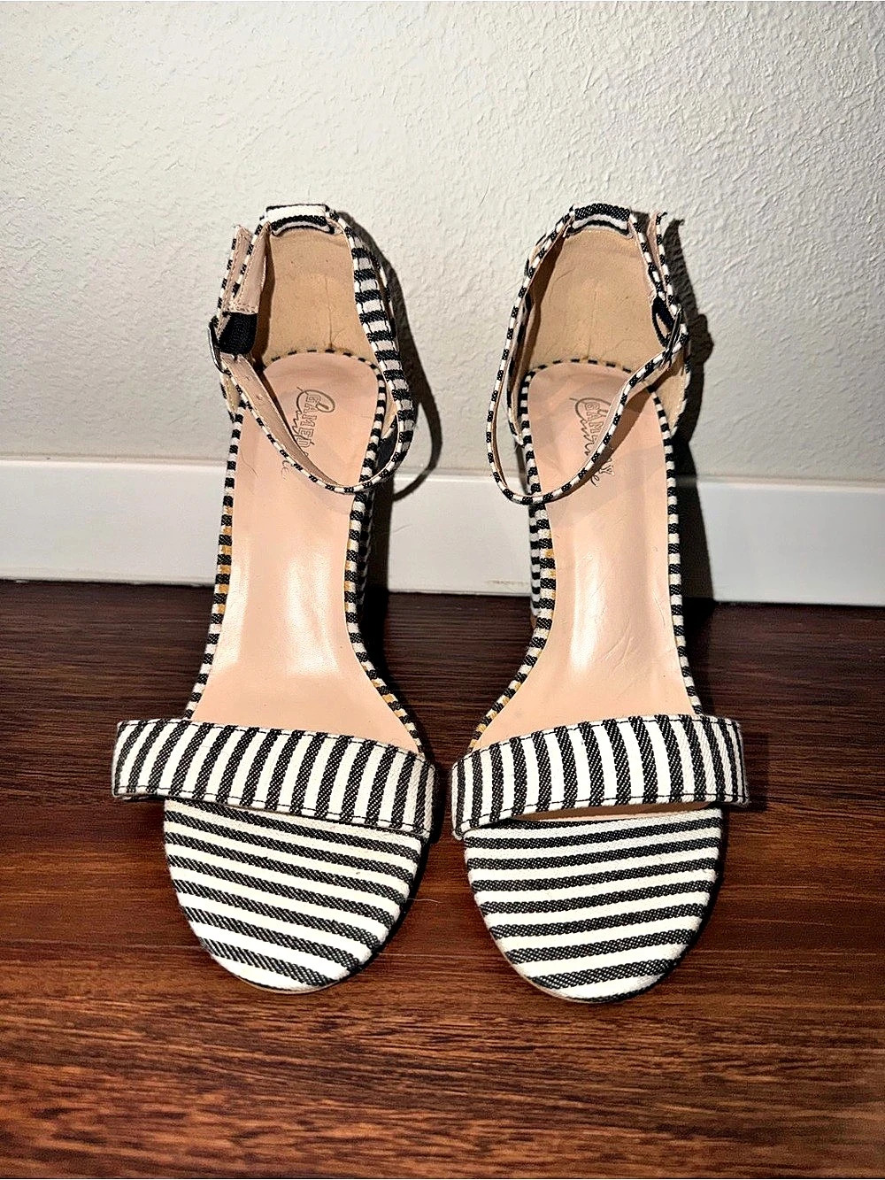 Gameday Couture Striped Ankle Strap Heels Black & White